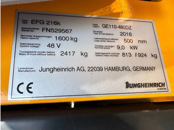 Carretilla elevadora eléctrica Jungheinrich EFG 216K 1.6 ton Triplex Freelift Sideshift Elektra Heftruck Accu 2020: foto 4
