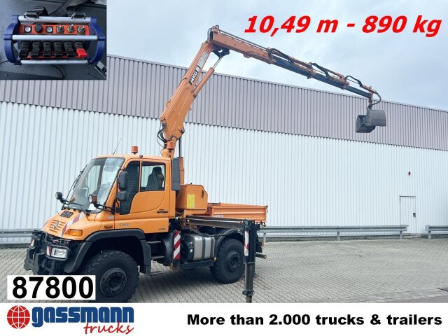 Unimog U400 4x4, Frontzapfwelle, Kipper, Kran MKG HKL - Camión volquete, Camión grúa: foto 1 Unimog U400 4x4, Frontzapfwelle, Kipper, Kran MKG HKL - Camión volquete, Camión grúa: foto 1