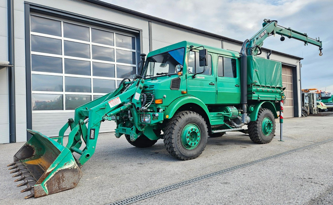 Unimog U2150 Doka HIAB 105 Kran Winde Frontlader - Camión, Camión grúa: foto 1 Unimog U2150 Doka HIAB 105 Kran Winde Frontlader - Camión, Camión grúa: foto 1