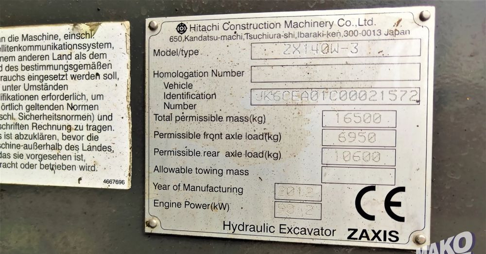 Excavadora de ruedas Hitachi ZX140W-3: foto 11