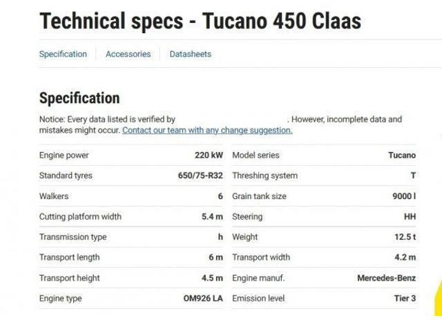 Cosechadora de granos para transporte de alimentos Claas Tucano 450 (839) +V 750: foto 9
