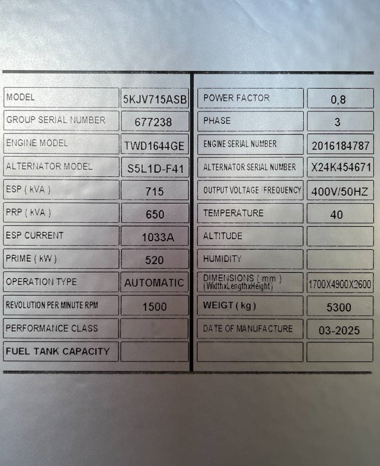 Generador industriale nuevo Volvo TWD1644GE - 715 kVA Generator - DPX-18884.1: foto 6