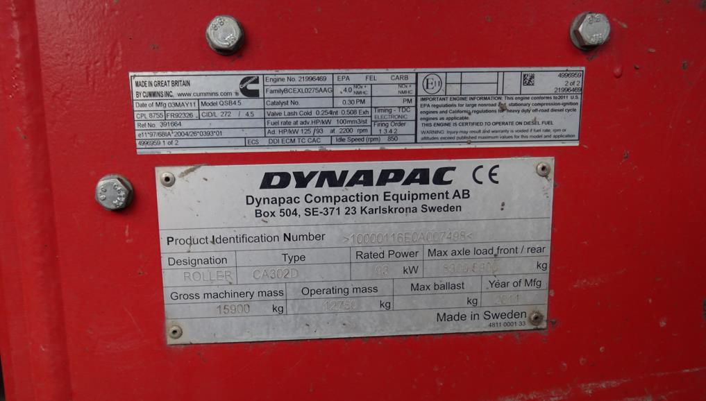 Walec DYNAPAC CA 302D 2011 - 3393 mth - CE - 15,9t - Rodillo: foto 5 Walec DYNAPAC CA 302D 2011 - 3393 mth - CE - 15,9t - Rodillo: foto 5