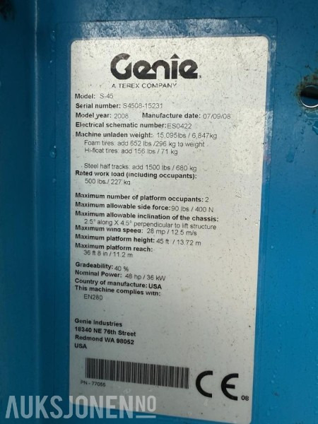 2008 Genie S-45 Teleskopisk bomlift - 4x4 - Plataforma elevadora: foto 4 2008 Genie S-45 Teleskopisk bomlift - 4x4 - Plataforma elevadora: foto 4