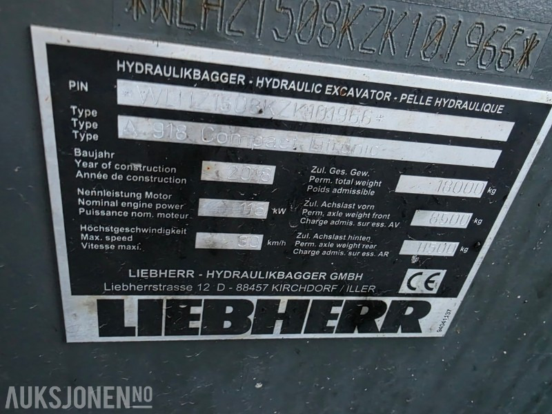 Excavadora 2018 Liebherr A918 compact litronic hjulgraver 18 T: foto 26 Excavadora 2018 Liebherr A918 compact litronic hjulgraver 18 T: foto 26