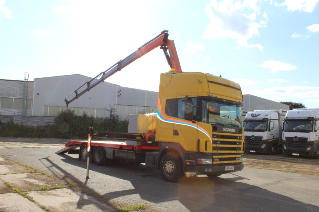 Scania R 114 LB340 6X2 L PALFINGER PK16502 - Camión portavehículos, Camión grúa: foto 1 Scania R 114 LB340 6X2 L PALFINGER PK16502 - Camión portavehículos, Camión grúa: foto 1