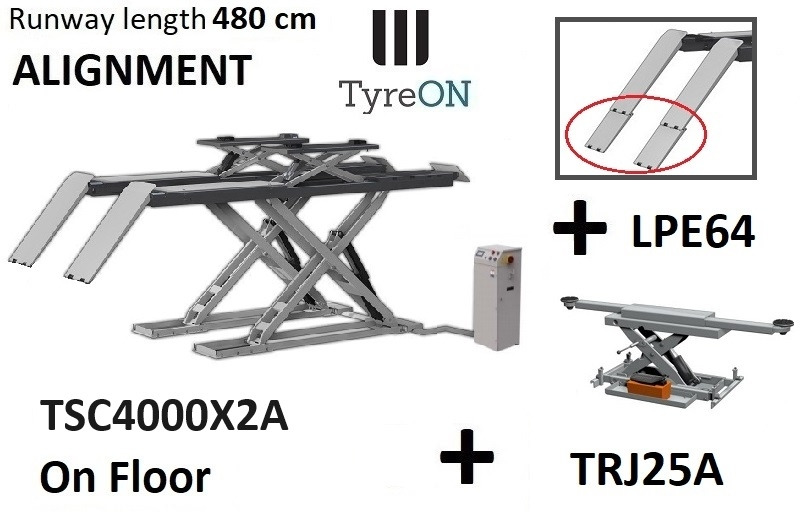 TSC4000X2A on floor alignment scissor lift 4000kg 4800mm + TRJ25A 2,5T air hydraulic axle jack + LPE64 low profile ramp extensions - Piezas de recambio para Plataforma de tijeras: foto 1 TSC4000X2A on floor alignment scissor lift 4000kg 4800mm + TRJ25A 2,5T air hydraulic axle jack + LPE64 low profile ramp extensions - Piezas de recambio para Plataforma de tijeras: foto 1