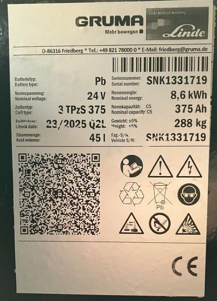 Linde 24 Volt 3 PzS 375 Ah - Acumulador: foto 5 Linde 24 Volt 3 PzS 375 Ah - Acumulador: foto 5