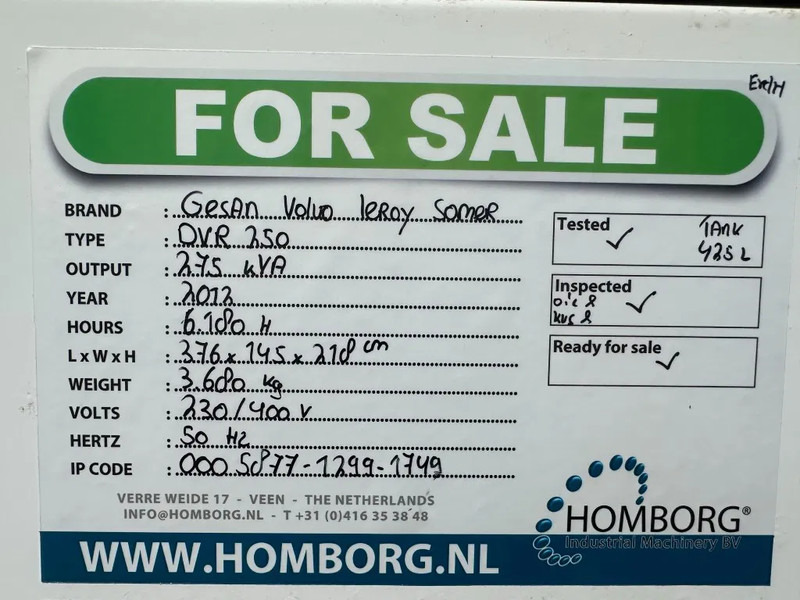 Generador industriale GESAN DVR 250 Volvo Leroy Somer 275 kVA Silent Rental generatorset: foto 16