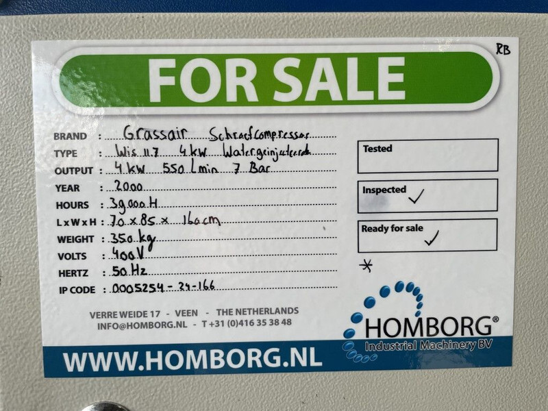 Compresor de aire Grassair WIS11.7 4 kW 550 L / min 7 Bar watergesmeerde schroefcompressor: foto 7