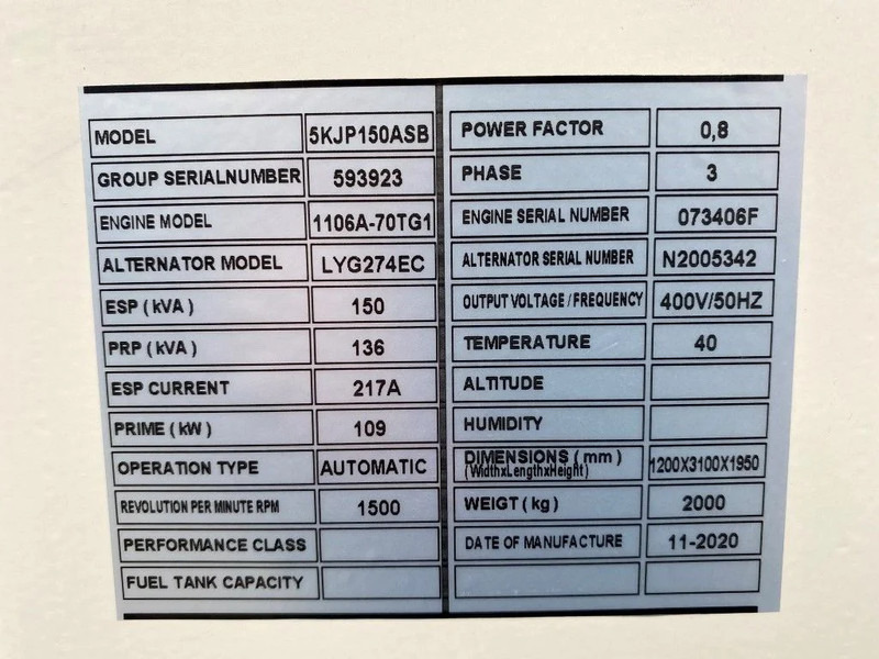 Generador industriale nuevo Perkins 1106A-70TG1 Stamford 150 kVA Silent generatorset New !: foto 7