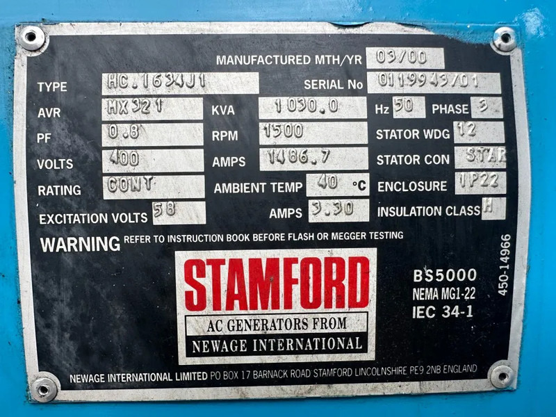 Generador industriale Perkins 4012 TWG Stamford 1030 kVA generatorset as New ! 175 hours ! Nieuwstaat !: foto 16
