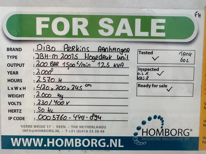 Hidrolimpiadora Perkins DIBO IBH-M 20015 Hogedruk unit 200 Bar 1500 L / min Mobiele Aanhanger 12.5 kVA aggregaat: foto 19