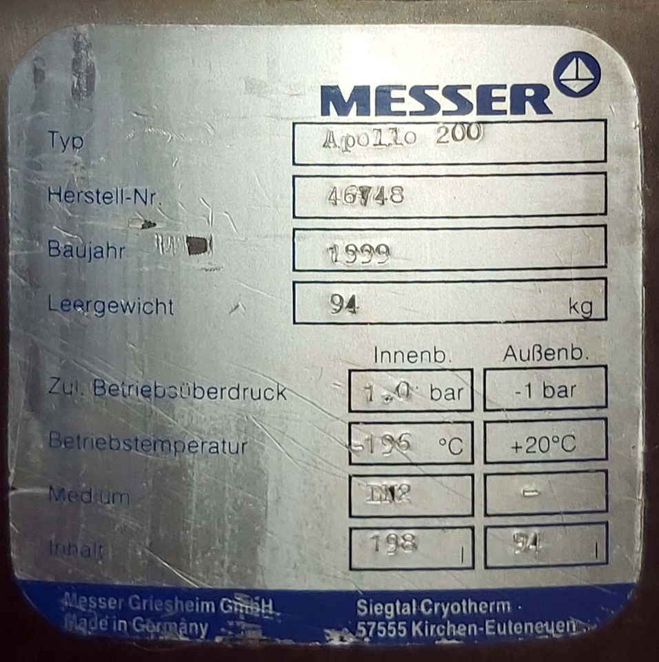 Cryotherm Apollo Dewar vessel cryogenic used for liquid nitrogen 200 liters - Tanque de almacenamiento: foto 3 Cryotherm Apollo Dewar vessel cryogenic used for liquid nitrogen 200 liters - Tanque de almacenamiento: foto 3