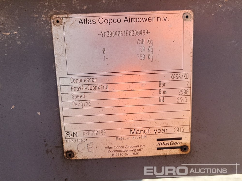 Compresor de aire 2015 Atlas Copco XAS67KD: foto 32