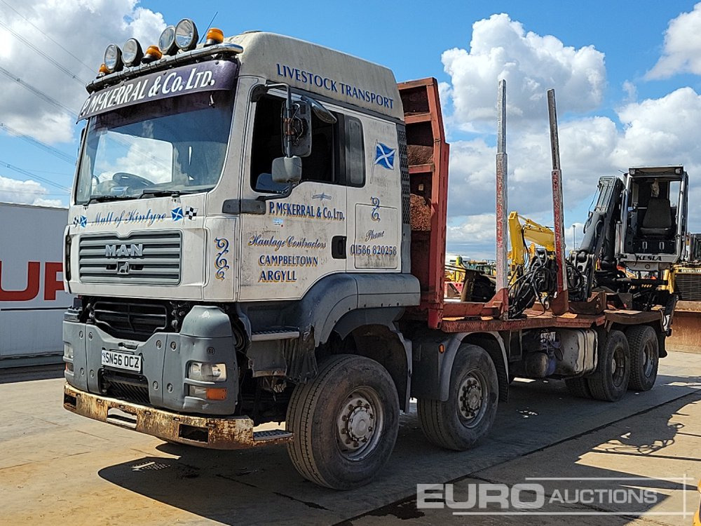 MAN 8x4 Flatbed Timber Lorry, Rear Mounted Kesla 2012T Hydraulic Crane With Cab, Hydraulic Rotating Log Grab, Manual Gearbox - Camión caja abierta: foto 1 MAN 8x4 Flatbed Timber Lorry, Rear Mounted Kesla 2012T Hydraulic Crane With Cab, Hydraulic Rotating Log Grab, Manual Gearbox - Camión caja abierta: foto 1